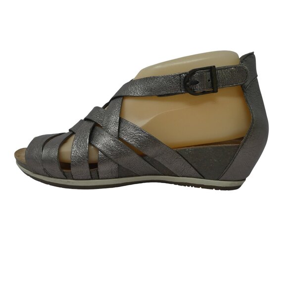 Dansko Viviam Pewter Silver Metallic Leather Open Toe Strappy Wedge Sandals - Picture 4 of 13